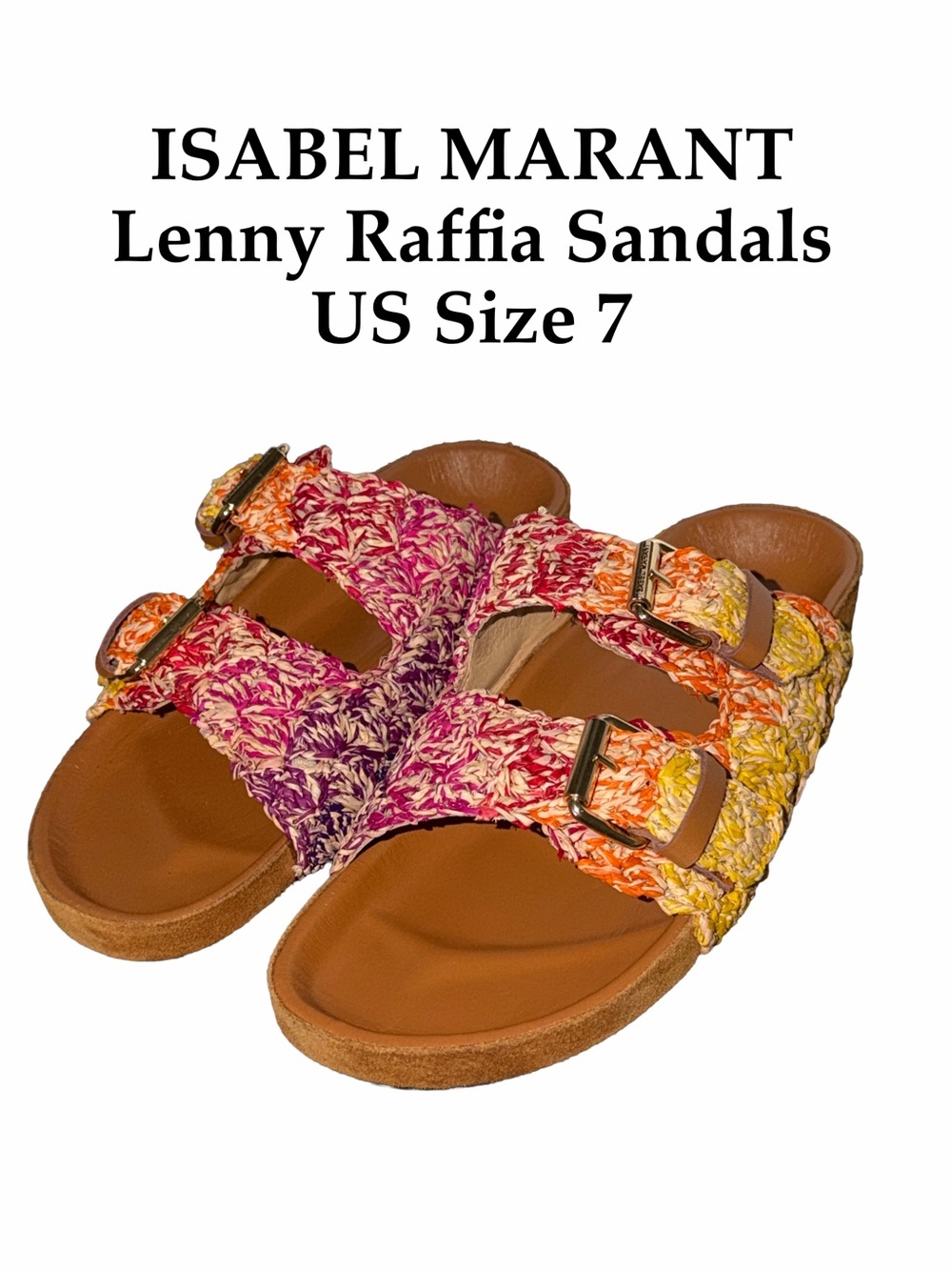 NWT ISABEL MARANT Women’s Multicolor Lennyo Raphia Buckle Slide Sandals, US 7